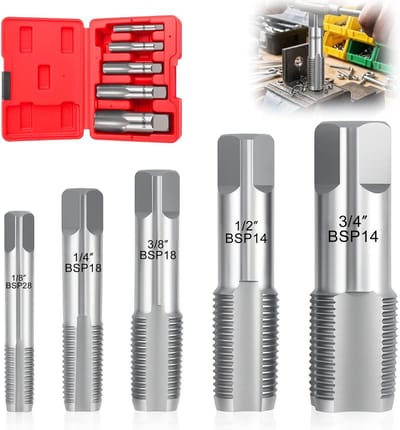 Schroefdraadborenset - Leiding reparatiegereedschap - Buizen repareren - Vijf gangbare maten - 1/8 tot 3/4 inch - Zilver