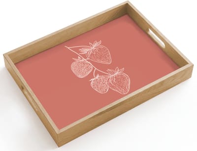 Dienblad hout 40x30 cm - Schootdienblad - Minimalistisch - Illustratie - Aardbei - Tak - Borrelplank rechthoek - Plateau dienbladen