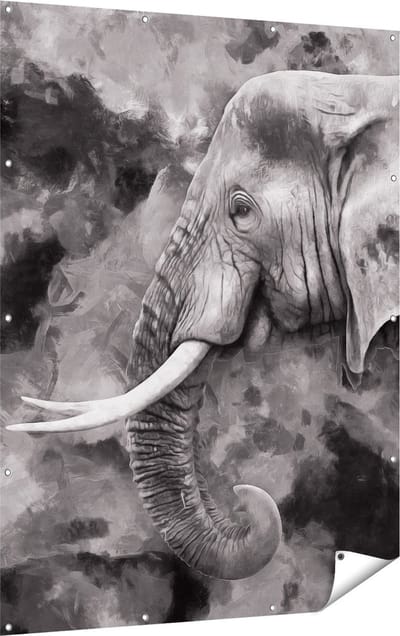 Gards Tuinposter Olifant - Abstract - Zwart Wit - 120x160 cm - Tuindoek - Tuindecoratie - Wanddecoratie buiten - Tuinschilderij