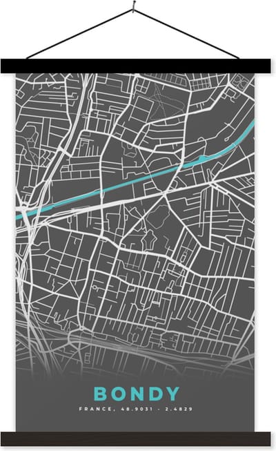 Posterhanger incl. Poster 40x60 cm - Schoolplaat - Bondy - Frankrijk - Plattegrond - Kaart - Stadskaart. - Textielposter - Zwarte latten - Stadskaart