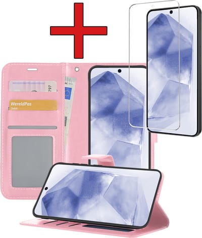 Hoesje - Met Screenprotector - Geschikt voor Samsung Galaxy A55 - Luxe Pasjeshouder - Flipcase - Bookcase Portemonee - Flip Case - Kunstleer Book Case - Book Cover - Walletcase - Portemonneehoes - Telefoonhoes - Lichtroze
