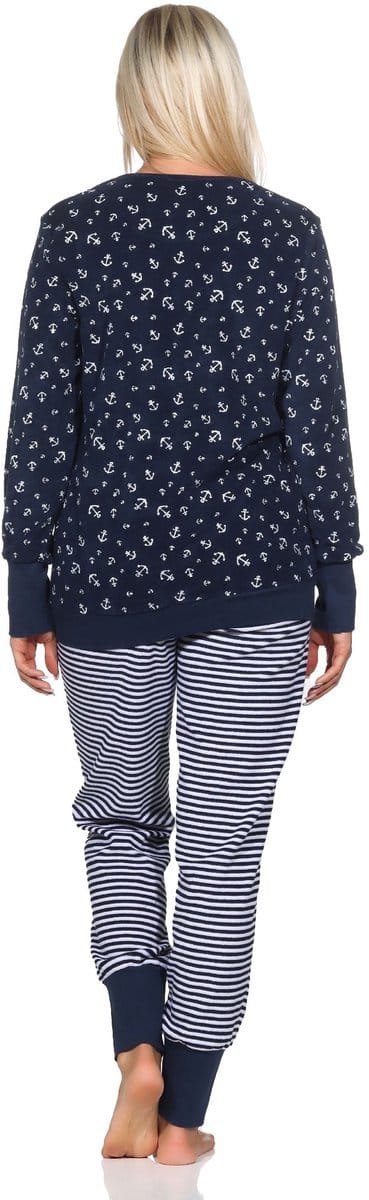 Normann damespyjama van lange badstof met manchetten in maritieme look - ook in oversize