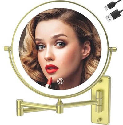 Oplaadbare Wandmontage Make-up Spiegel met Verlichting - Dubbelzijdig 1X/7X Vergrootglas, 3 Kleuren en Touchscreen - 360° Rotatie