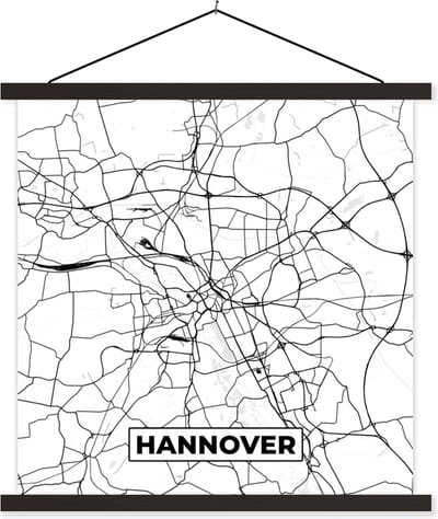Posterhanger incl. Poster 60x60 cm - Schoolplaat - Hannover - Plattegrond - Kaart - Stadskaart - Textielposter - Zwarte latten - Stadskaart