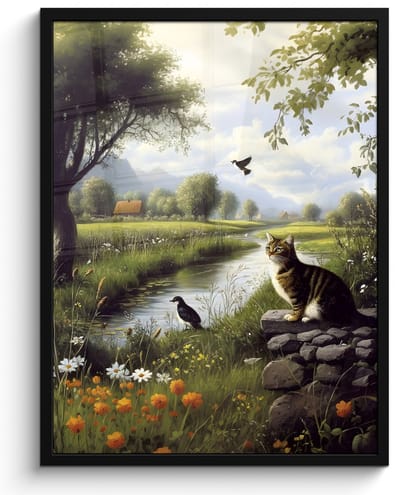 Poster in lijst - Fotolijst 60x80 cm - Posters - Kat - Beekje - Weide - Posterlijst zwart - Decoratie - Wanddecoratie woonkamer - Muurdecoratie slaapkamer