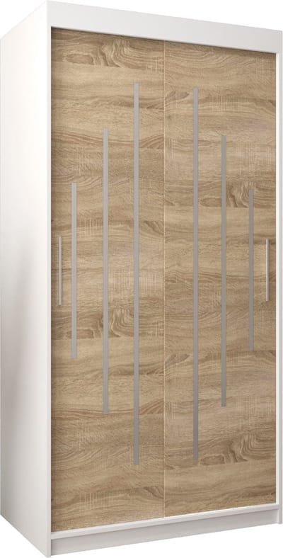 InspireMe - Kledingkast met 2 schuifdeuren, Modern-stijl, Een kledingkast met planken (BxHxD): 100x200x62 - MALTESE 100 Wit Mat + Sonoma Eik