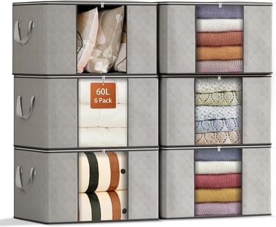 Thijox - 6 Pack 60L Grote Capaciteit Opbergdozen - Inklapbare Kasten Bakken met Versterkt Handvat - Ruimtebesparende Organizer voor Kleding, Dekbedden