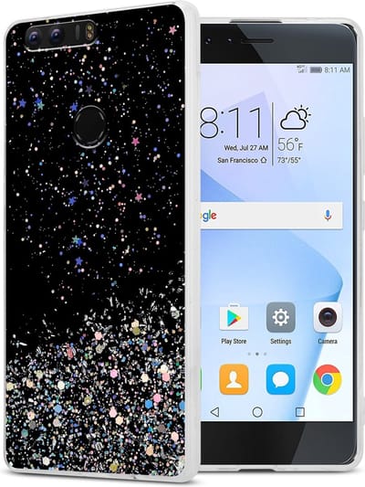 Cadorabo Hoesje geschikt voor Honor 8 / 8 PREMIUM in Zwart met Glitter - Beschermhoes van flexibel TPU silicone met fonkelende glitters Case Cover Etui