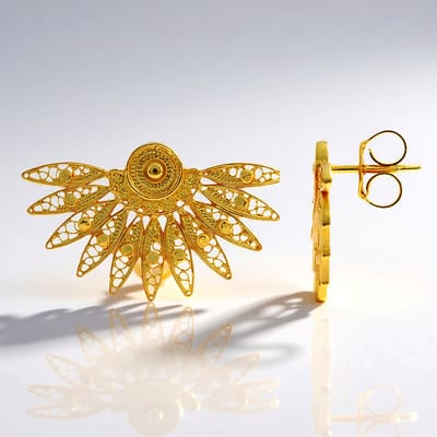 Cavill - Vergulde 925 Sterling Zilveren Oorbellen - Waaiervorm Raster Bolversiering - Elegante Handgemaakte Damesoorbellen 29,5 mm