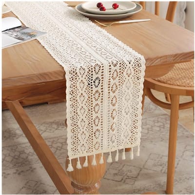 Macramé Tafelloper, Boerderij Katoen Kant, Boho Tafelloper, Vintage Stijl, Huisdouche, Landelijke Bruiloftsparty, Koffietafeldecoratie jacquard&24x100cm white