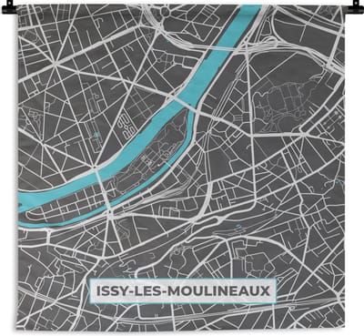 Wandkleed - Wanddoek - Frankrijk – Plattegrond – Kaart – Issy-les-Moulineaux – Stadskaart - 180x180 cm - Wandtapijt