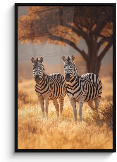 Poster in lijst - Fotolijst 80x120 cm - Posters - Zebra's - Savannelandschap - Gras - Posterlijst zwart - Decoratie - Wanddecoratie woonkamer - Muurdecoratie slaapkamer