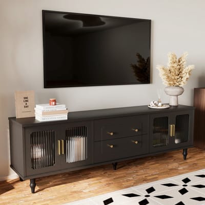 DESMIU Tv Meubel - Retro Design Met Geribbeld Glas En Opbergruimte - Voor Woonkamer En Mediahoek - Spaanplaat - Zwart - 177x38x55,5 Cm