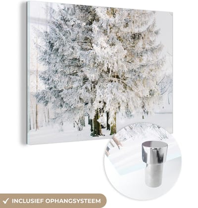 MuchoWow® Glasschilderij 160x120 cm - Schilderij acrylglas - Winter - Boom - Sneeuw - Den - Wit - Foto op glas - Schilderijen