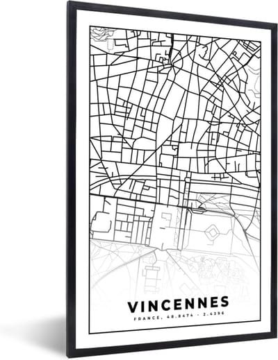 Fotolijst incl. Poster Zwart Wit- Plattegrond – Kaart – Frankrijk – Vincennes - Stadskaart - Zwart wit - 40x60 cm - Posterlijst