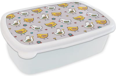 Broodtrommel Wit - Lunchbox - Brooddoos - Patroon - Vogel - Kip - 18x12x6 cm - Volwassenen