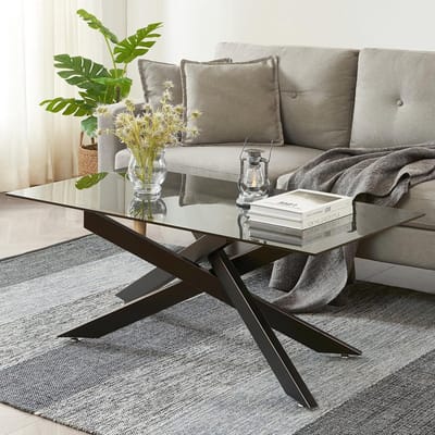 Moderne Rechthoekige Salontafel met Zwart Glazen Tafelblad en Metalen Poten