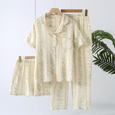 Zomer Dames Pyjama 3 Stuks Katoen Dames Nachtkleding Slaapkamer Set Korte Mouwen Lange Broek + Shorts Vrouw XL beige