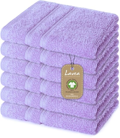 Lavea® 6 Wasdoekjes 30x30 cm van 100% biologisch katoenen badstof, zacht en absorberend, voor thuis, hotel en spa – ook ideaal als gezicht- en handdoekje – Lichtlila