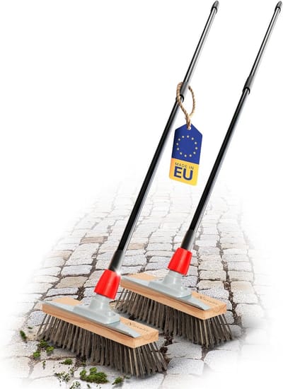 Novaliv 2X Robuuste staalborstel met steel - stalen bezem met telescopische steel, efficiënte mosverwijdering, straatbezem, voor bestrating & tuin, stalen bezem, moskrabber, pizzabezem, pizzasteenborstel