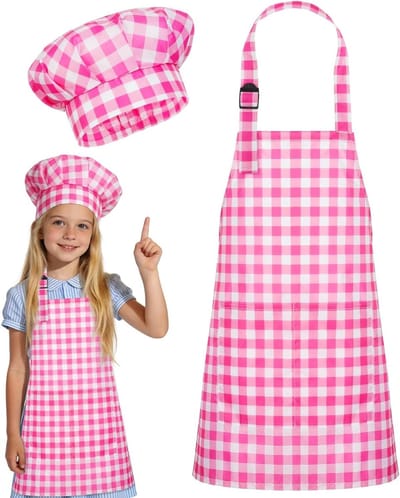 Kinderschort en Koksbuis Set in Roze Ruitpatroon, Verstelbare Halsband en Dubbele Zak, Ideaal voor Bakken en Creatieve Activiteiten