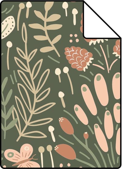 Proefstaal ESTAhome behang bladeren en bloemen groen en terracotta - 26.5 x 21 cm - 131383-S