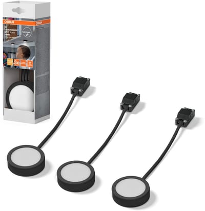 OSRAM onderbouwspot rond 65mm 3 x 3W, 830 warm wit, in zwart gemaakt van aluminium, IP20 bescherming, voor keukens en woonkamers