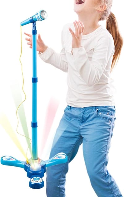 Speelgoedmicrofoon Kinderen - Muziekspeelgoed Echo - Zingen en Optreden - Verstelbare Standaard - 53-89 cm - Blauw