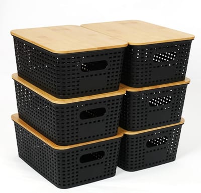Famanu – Kunststof opbergmand met bamboedeksel en handgreep – Organizer voor plank, lade en bureau – Zwart