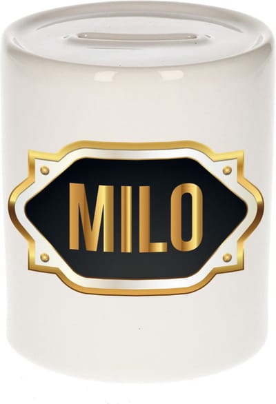 Spaarpot met voornaam Milo - wit - met goud/zwart embleem - 8 x 9 cm - keramiek - met afsluitdop - cadeau verjaardag