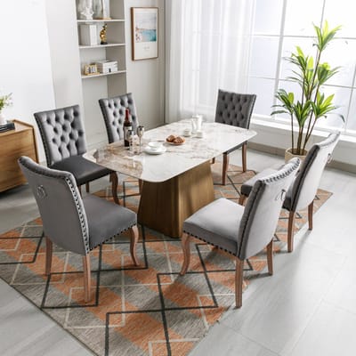 Sweiko Eetkamerstoelen (Keukenstoelen, Woonkamerstoelen, met unieke deurlussen op de rug, 6-delige), gewatteerde stoelen met nagelkopdecoraties, massief houten poten, fluwelen covers, Grijs