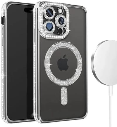 Hoesje met Diamantjes en Glitter Geschikt voor: iPhone 15 - MagSafe Glitter Hoesje - Zilver met Diamanten steentjes - Glamour Hoesje