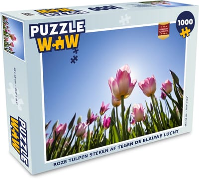 Puzzel Roze tulpen steken af tegen de blauwe lucht - Legpuzzel - Puzzel 1000 stukjes volwassenen