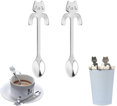 2 stuks - Koffielepel van roestvrij staal 304 - Hangende lepel met kat - Hangende lepel met kat voor commercieel en thuisgebruik in de koffieshop - Zilver - Katten Koffielepel - koffielepel - Hangende Kat Theelepel