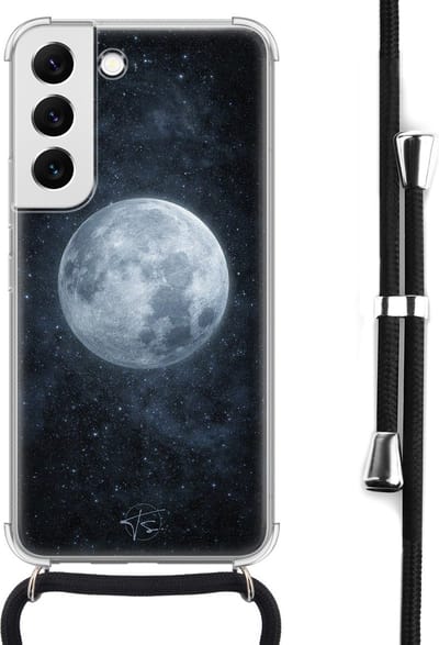 Hoesje met koord geschikt voor Samsung Galaxy S22 - Maan - Inclusief koord - Crossbody beschermhoes - Transparant, Blauw - Mooie Telefoonhoesjes