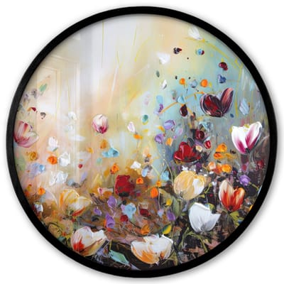 Poster in lijst Rond - Fotolijst 40x40 cm - Posters - Olieverf - Bloemen - Kleurrijk - Natuur - Ronde posterlijst zwart - Decoratie - Wanddecoratie woonkamer - Muurdecoratie slaapkamer