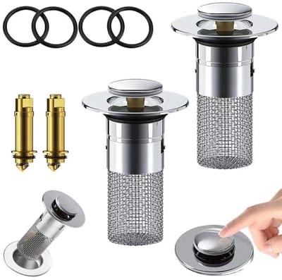 Dailygoods- Afvoergarnituur 2 stuks - Wastafelstop met haarzeef - Anti-verstopping filter - Pop Up systeem - Roestvrij staal - Voor badkuip en keuken