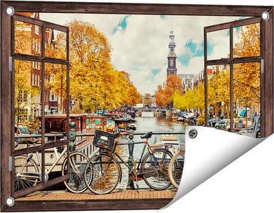 Gards Tuinposter Doorkijk Amsterdamse Brug bij een Brug met Fietsen - 60x40 cm - Tuindoek - Tuindecoratie - Wanddecoratie buiten - Tuinschilderij