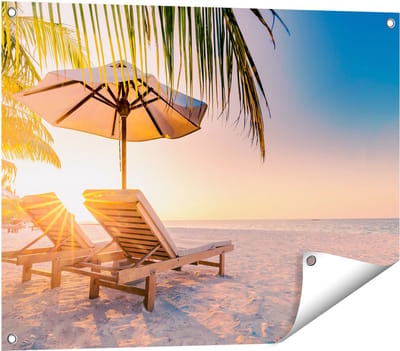 Gards Tuinposter Tropisch Strand tijdens Zonsondergang - 80x60 cm - Tuindoek - Tuindecoratie - Wanddecoratie buiten - Tuinschilderij