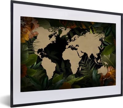 Poster in lijst - Fotolijst 60x40 cm - Posters - Wereldkaart - Planten - Bladeren - Posterlijst zwart - Decoratie - Wanddecoratie woonkamer - Muurdecoratie slaapkamer