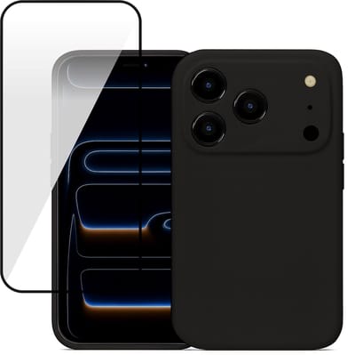Hoesje geschikt voor iPhone 17 Pro - Screenprotector Volledig Dekkend Glas - Mat Back Case Zwart