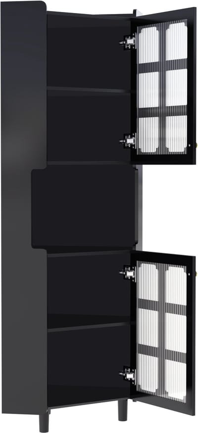 Zwarte Hoekkast - Hoek Vitrinekast - App-gestuurde LED Verlichting - Glazen Deuren - 3-Zone Opbergruimte - Woonkamer - 63,5x157,5 cm - Zwart