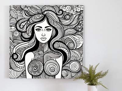 Doodle vrouw schilderij | Ingenieuze Dromen: Levendige Doodle Vrouwelijke Kunstcreatie | Kunst - 75x75 centimeter op Forex | Foto op Forex