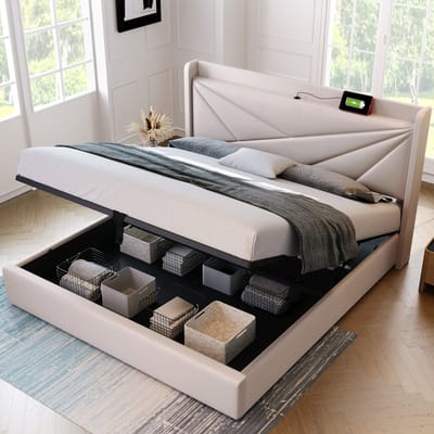Sweiko Gestoffeerd bed Dubbele opbergbedbox met USB type C oplaadfunctie Hoofdbord, Opslagbedden Linnenframe Jugendbed 140x200 met lattenrost (Zonder matras)