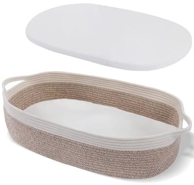 Babymand / Verschoonmand van Gevlochten Katoen met Bamboe Matras – Commode Mand 40×80 cm