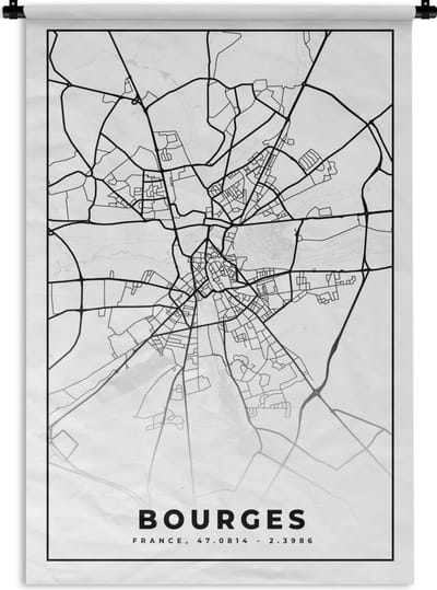 Wandkleed - Wanddoek - Stadskaart - Plattegrond - Bourges - Kaart - Frankrijk - Zwart wit - 120x180 cm - Wandtapijt