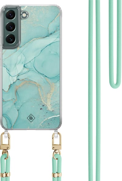 Casimoda® hoesje met mintgroen koord - Geschikt voor Samsung S22 Plus - Marmer mint groen - Afneembaar koord - TPU/polycarbonaat - Mint