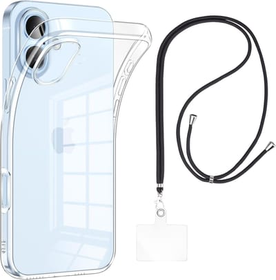 Set met hoesje en nekband voor iphone 17 - Flexibele, transparante TPU-bescherming, verstelbare universele nekband voor mobiele telefoons, zwarte nekband, transparante draagriem van Phonillico®