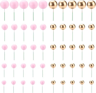 50 stuks 5 maten roze en gouden taartballenplectrums, schuim taartballen decoraties stokjes, niet-eetbare ballon cupcake toppers inzetstuk voor verjaardagsfeestje bruiloft dessert (50)
