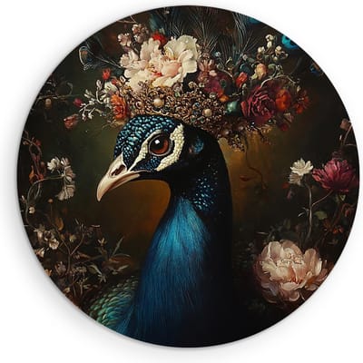 Saammp Muurcirkel Hout - Pauw met kroon - Bloemen - Dieren - Natuur - Ø 90 - Wandcirkel - Wanddecoratie Cirkel - muurdecoratie Woonkamer - Slaapkamer decoratie - Rond Schilderij